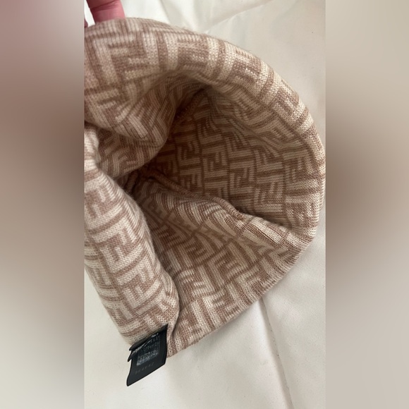 Fendi Beige Knit Hat with Contrasting Logo Tag